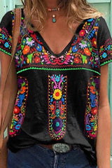 Ethnic Print V-neck Casual Short Sleeves T-shirt