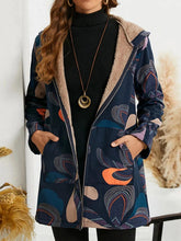 Floral Print Hooded Long Sleeves Plush Warm Coat
