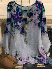 Floral Print Round Neck Casual 3/4 Sleeves Blouse