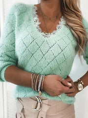 Solid Color V-neck Lace Long Sleeves Sweater