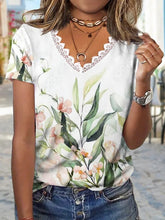 Floral Leaf Print V-neck Lace Short Sleeves T-shirt