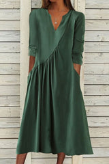 Solid Color V-neck Ruched Long Sleeves Midi Dress