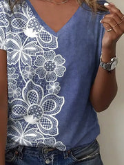 Geometric Floral Print V-neck Short Sleeves T-shirt