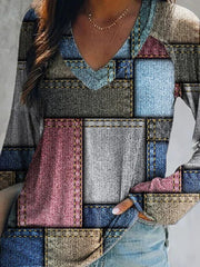 Color Block Patchwork V-neck Long Sleeves Sweatshirt