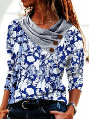 Floral Print Buttons Cowl Neck Long Sleeves Sweatshirt