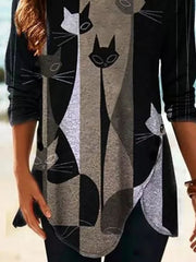 Cartoon Cat Print Irregular Hem Long Sleeves Sweatshirt