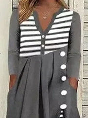 Stripe Print Buttons V-neck Long Sleeves Midi Dress