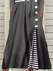 Stripe Print Buttons V-neck Long Sleeves Midi Dress