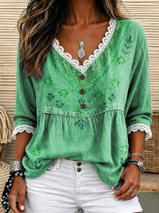 Women's Vintage Washed Floral Print Lace Trim V-Neck 3/4 Sleeve Top