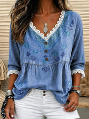 Women's Vintage Washed Floral Print Lace Trim V-Neck 3/4 Sleeve Top