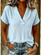 Women's Solid Plain Cotton Lapel Short Sleeve Blouse