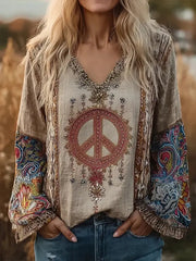 Women's Boho Flower Anti-War Peace Symbol Patterns V Neck Long Sleeve T-Shirt