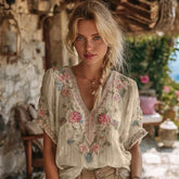 Women's Retro Bohemian Floral Art Print Casual Short-Sleeve V-Neck Cotton Linen T-Shirt