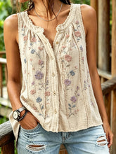 Women's Floral Art Print Casual Sleeveless Cardigan Cotton Linen Shirt