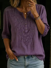 Women's Loose-fit Cotton-linen Embroidered Short-sleeve Round-neck Top