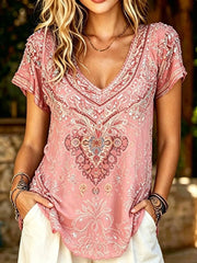 Women's Boho Paisley Print Short Sleeve Top