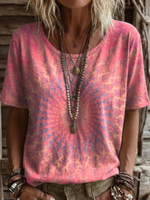 Women's Vintage Ethnic Pink Mandala Art Printed Casual Round Neck Short Sleeve Cotton T-shirt