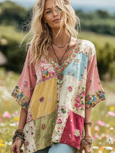 Women's Vintage Floral Print Patchwork V-neck Boho T-shirt