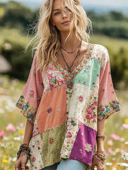 Women's Vintage Floral Print Patchwork V-neck Boho T-shirt