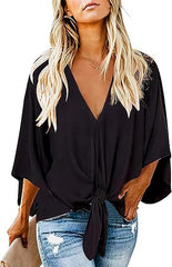 Women's Casual Floral Blouse Batwing Sleeve Loose Fitting Shirts Boho Knot Front Tops