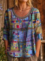 Women's Vintage Purple Collage Art Print Casual Round Neck Cutout Top
