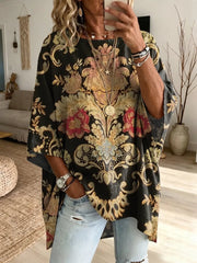 Ethnicity Retro Flowers Totem Women's Art Print Fashionable Loose Casual Top