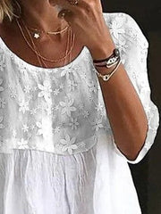Women's Lace Embroidery Patchwork Loose Crew Neck Split Joint Shirt