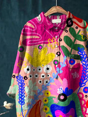 Abstract art print women's casual cotton and linen shirt