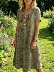 Women's Vintage Ethnic-print Artistic Openwork Round-neck Short-sleeve Dress