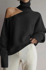 Solid Color High Neck Off-Shoulder Long Sleeves Sweater