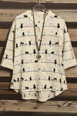 Cute Cat Print High Neck Short Sleeves Single Breasted Shirt