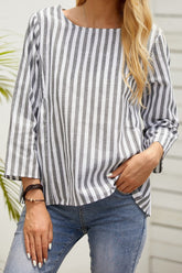 Stripe Print Round Neck 3/4 Sleeves Shirts & Tops