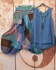 Color Block Casual Loose Sleeveless Two Piece Suit