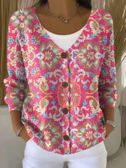 Women's Vintage Floral Art Print Buttoned V-neck Cardigan Sweater