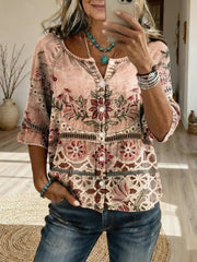 Women's Retro Pink Ethnic Floral Art Print Casual Long-Sleeve V-Neck Washed Cotton Denim Top