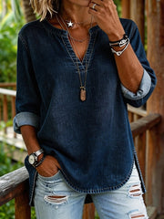 Women's Casual Long-sleeved V-neck Washed Cotton Denim Top