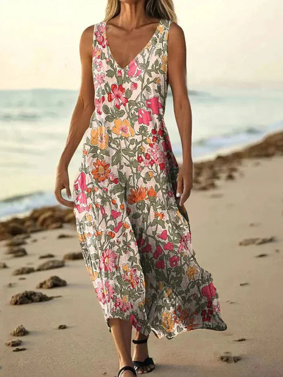 Vintage Floral Print V-neck Sleeveless Maxi Dress
