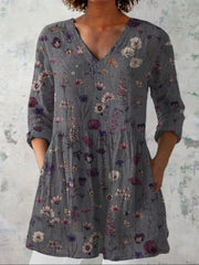Women's Flowers Art Print Casual Linen V-neck Shirt