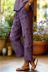 Women's Purple Floral High Waist Full Length Pants
