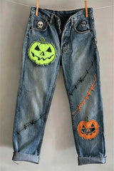 Women's Halloween Blue Medium Wash Mid Waist Straight Leg Jeans
