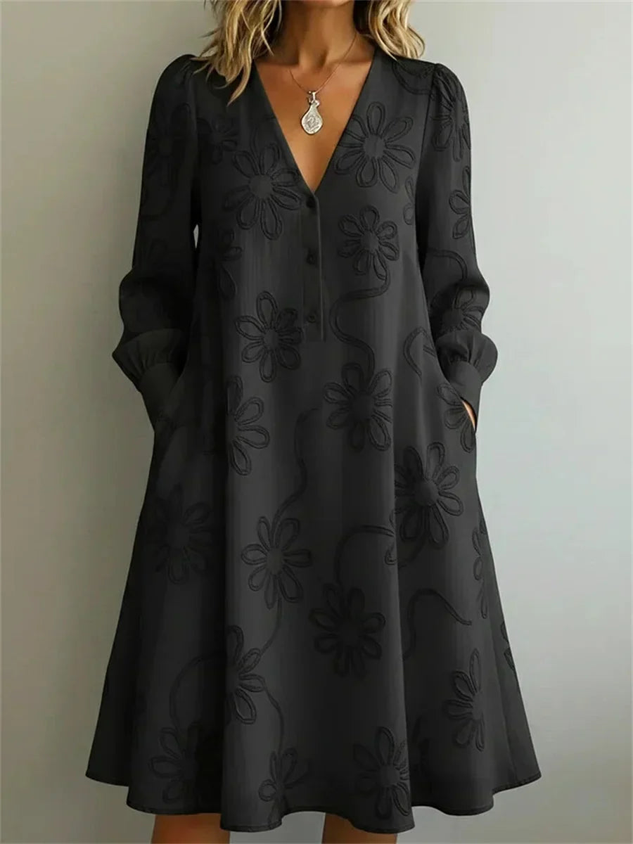 Vintage Floral V-neck Long Sleeve Dress
