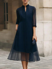 Chiffon Blue Plain 3/4 Sleeve Midi Dress