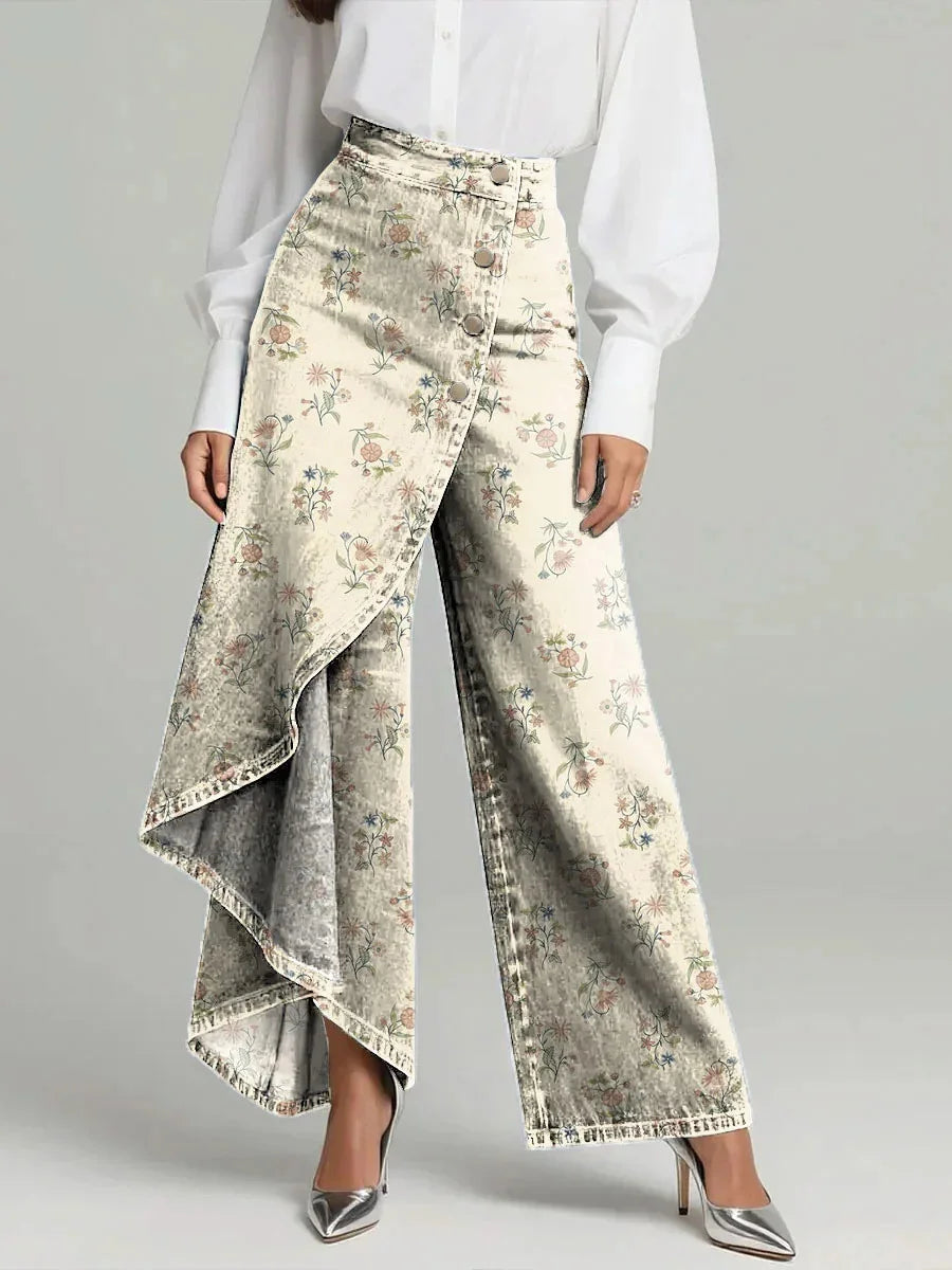 Women's Vintage Floral Patterns Print High-waisted Relaxed Fit Wide-leg Jeans