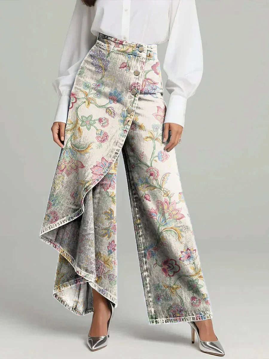 Women's Vintage Floral Print High-waisted Wide-leg Jeans