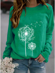 Green Dandelion Print Round Neck Long Sleeve Casual Loose Sweatshirts