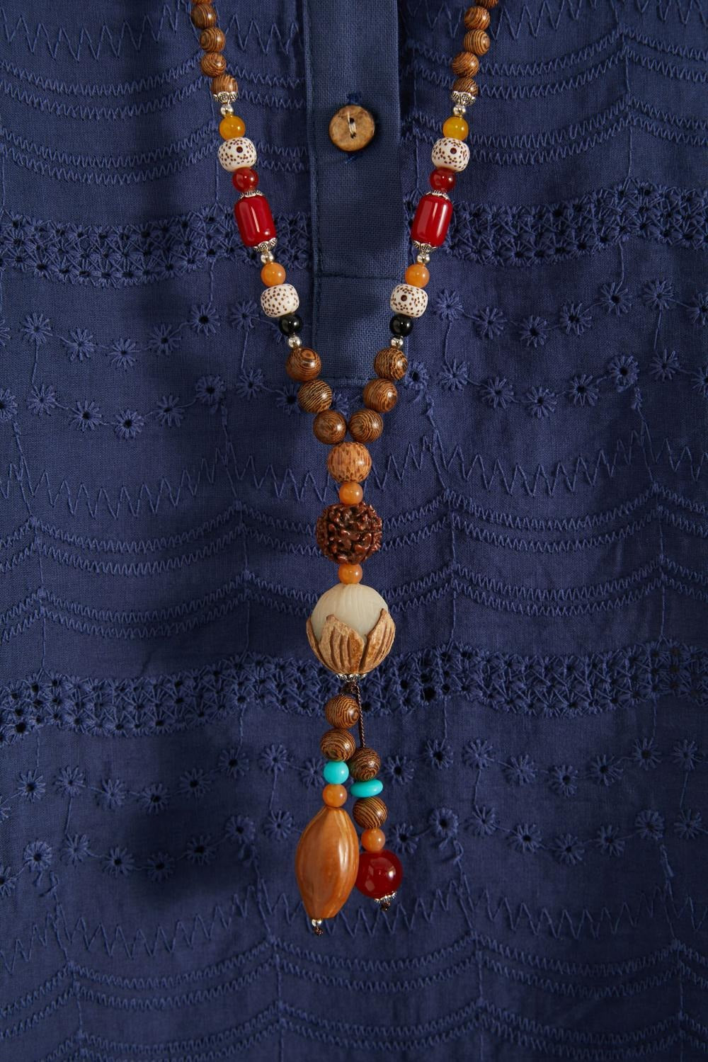 Bohemian Vintage Handmade Wooden Beaded Pendant Necklace