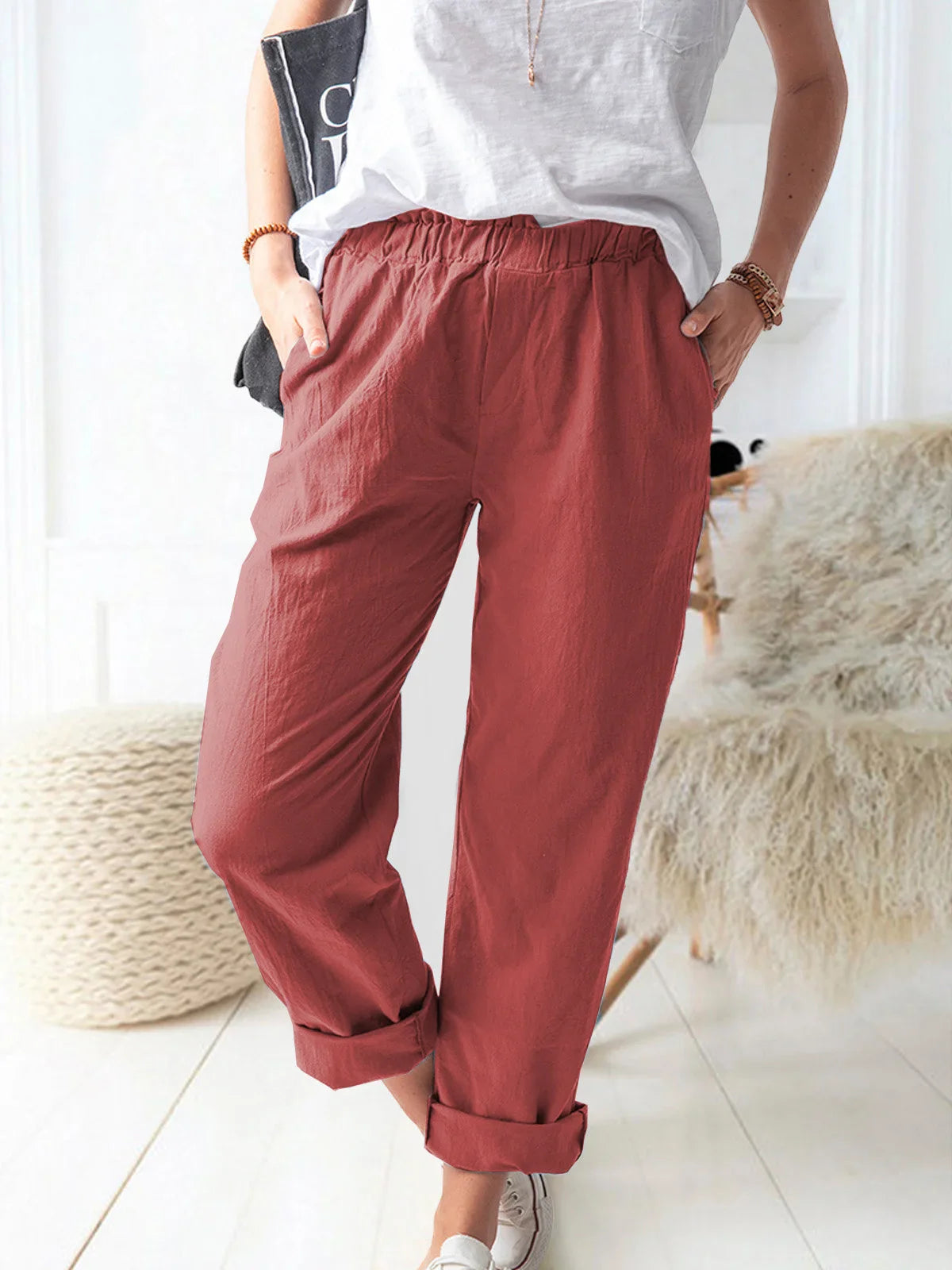 Elastic Waist Cotton Linen Loose Turnip Pants