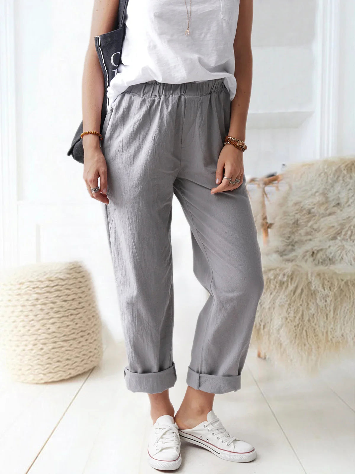 Elastic Waist Cotton Linen Loose Turnip Pants