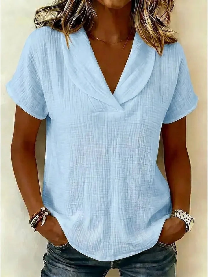 Shawl Collar Linen Blend Short Sleeve Blouse