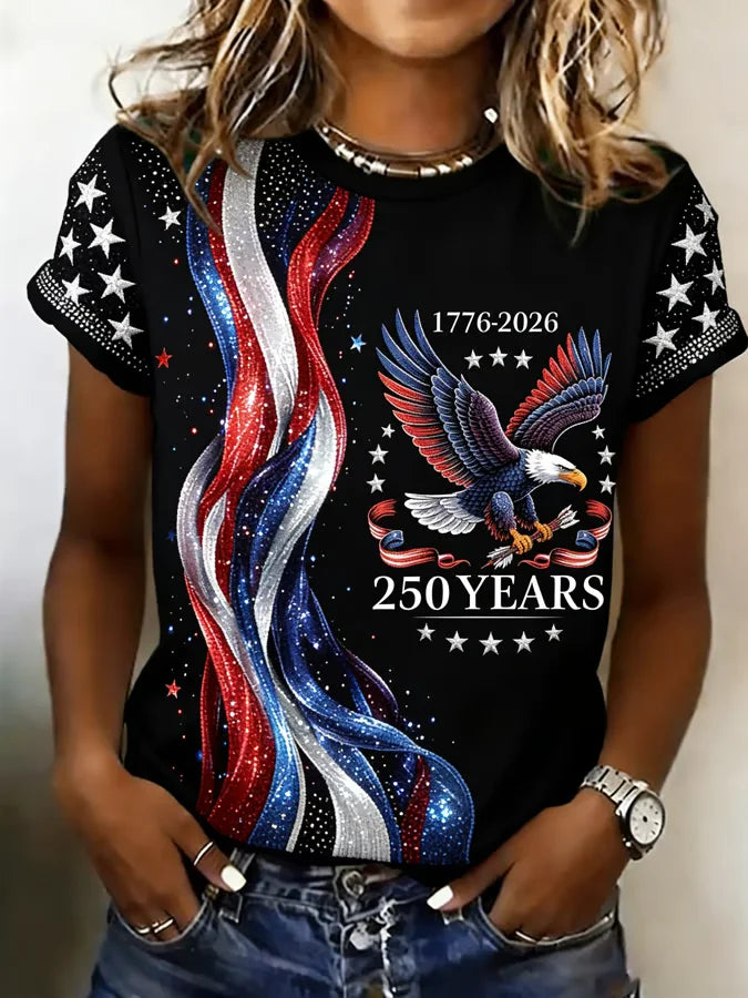 America 250th Eagle Flag Print Crew Neck T-Shirt
